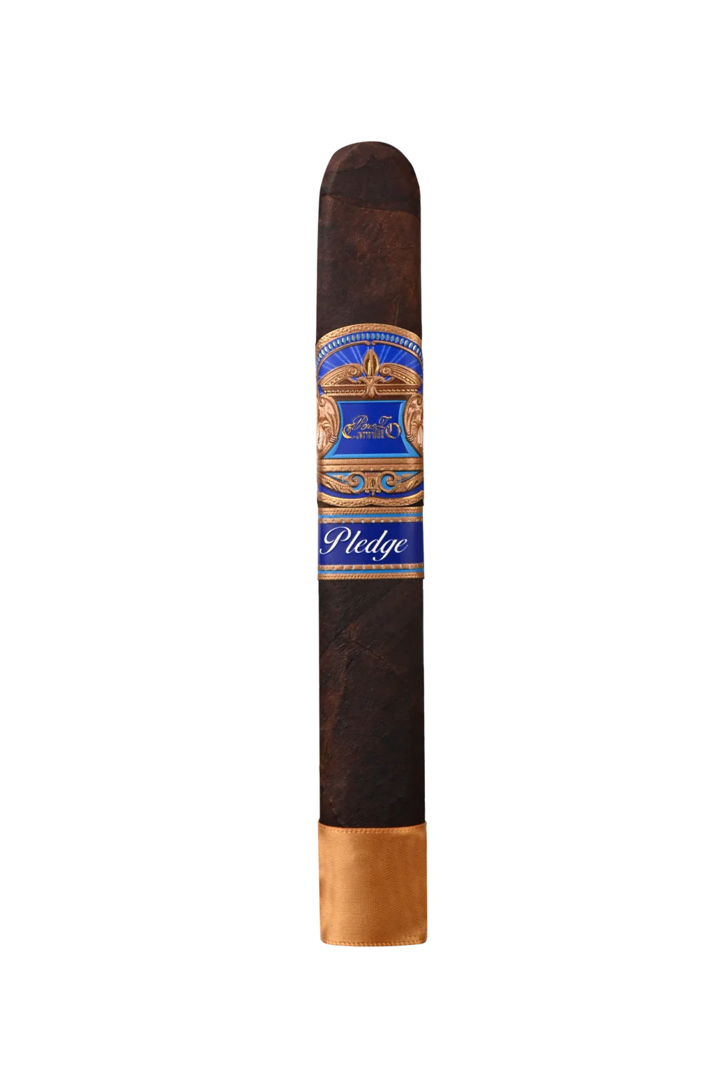 A single E.P. Carrillo Pledge cigar featuring a dark, oily wrapper and an ornate blue and gold band, positioned to highlight its premium construction and rich color
