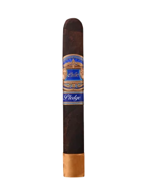 A single E.P. Carrillo Pledge cigar featuring a dark, oily wrapper and an ornate blue and gold band, positioned to highlight its premium construction and rich color