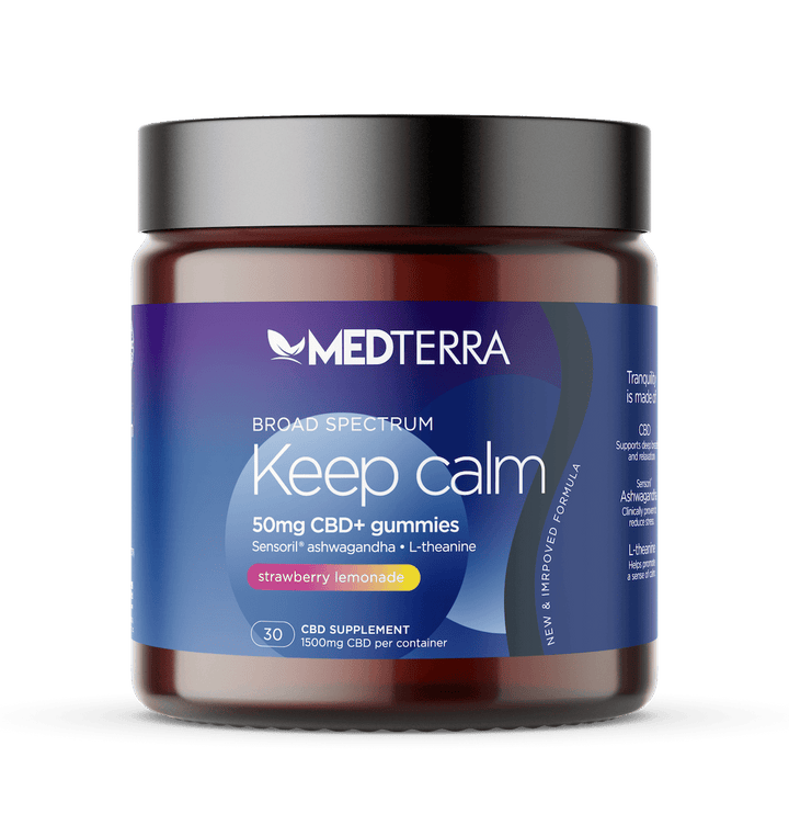 20-count jar of Medterra Calm Gummies with CBD, L-theanine, and lemon balm to promote relaxation and reduce stress.