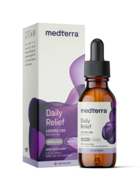 30 ml bottle of Medterra Daily Relief Oil Tincture with 1000 mg CBD, designed for daily relief and overall wellness support.