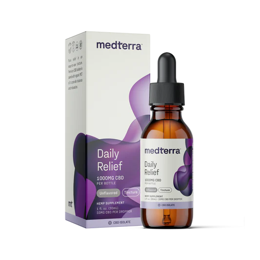 30 ml bottle of Medterra Daily Relief Oil Tincture with 1000 mg CBD, designed for daily relief and overall wellness support.