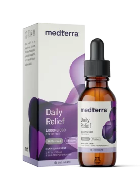 30 ml bottle of Medterra Daily Relief Oil Tincture with 1000 mg CBD, designed for daily relief and overall wellness support.