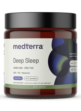 20-count jar of Medterra Deep Sleep Gummies with CBD, melatonin, and natural sleep-supporting ingredients for better rest.