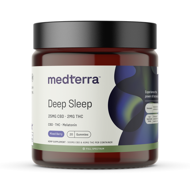 20-count jar of Medterra Deep Sleep Gummies with CBD, melatonin, and natural sleep-supporting ingredients for better rest.