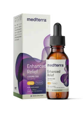 30 ml bottle of Medterra Enhanced Relief Oil Tincture with 100 mg CBD, turmeric, menthol, and ginger for enhanced pain relief.