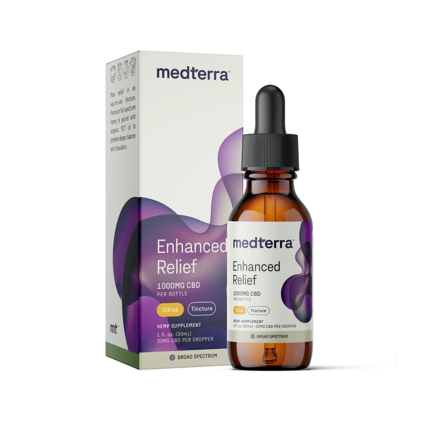 30 ml bottle of Medterra Enhanced Relief Oil Tincture with 100 mg CBD, turmeric, menthol, and ginger for enhanced pain relief.