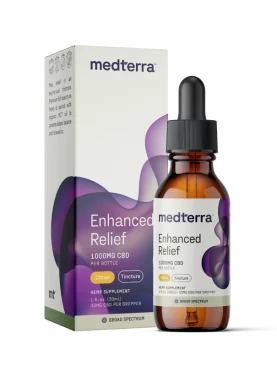 30 ml bottle of Medterra Enhanced Relief Oil Tincture with 100 mg CBD, turmeric, menthol, and ginger for enhanced pain relief.