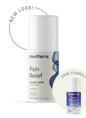 Medterra Pain Relief Roll-On tube with 1000 mg CBD, menthol, and arnica for targeted muscle and joint pain relief.