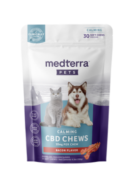 Bag of 20 Medterra Pet Hemp Calming Chews with CBD and natural calming ingredients for reducing pet anxiety.