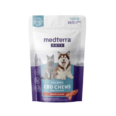 Bag of 20 Medterra Pet Hemp Calming Chews with CBD and natural calming ingredients for reducing pet anxiety.