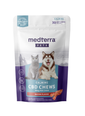 Bag of 20 Medterra Pet Hemp Calming Chews with CBD and natural calming ingredients for reducing pet anxiety.