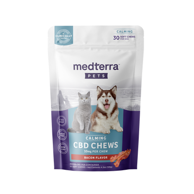 Bag of 20 Medterra Pet Hemp Calming Chews with CBD and natural calming ingredients for reducing pet anxiety.