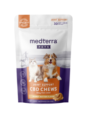 Bag of 30 Medterra Pet Hemp Joint Support Chews, with natural ingredients and CBD for supporting pet joint health.