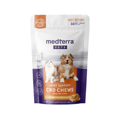 Bag of 30 Medterra Pet Hemp Joint Support Chews, with natural ingredients and CBD for supporting pet joint health.