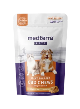 Bag of 30 Medterra Pet Hemp Joint Support Chews, with natural ingredients and CBD for supporting pet joint health.