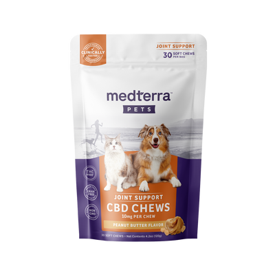 Bag of 30 Medterra Pet Hemp Joint Support Chews, with natural ingredients and CBD for supporting pet joint health.