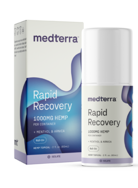 Medterra Rapid Recovery CBD Roll-On with 1000 mg of CBD in a convenient tube for targeted relief of sore muscles and joints.