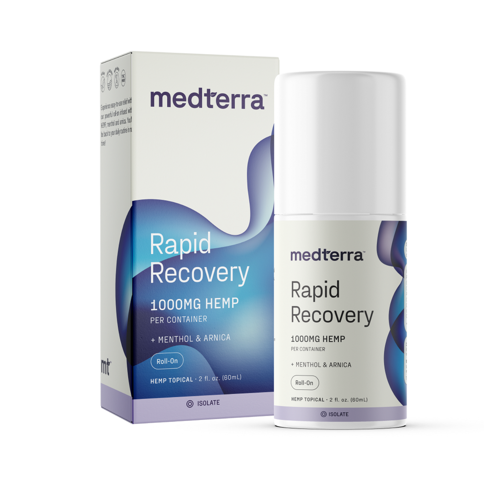 Medterra Rapid Recovery CBD Roll-On with 1000 mg of CBD in a convenient tube for targeted relief of sore muscles and joints.
