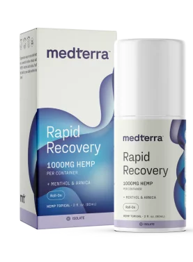 Medterra Rapid Recovery CBD Roll-On with 1000 mg of CBD in a convenient tube for targeted relief of sore muscles and joints.