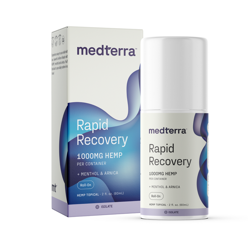 Medterra Rapid Recovery CBD Roll-On with 1000 mg of CBD in a convenient tube for targeted relief of sore muscles and joints.