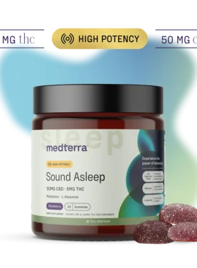 20-count jar of Medterra Sound Asleep gummies with CBD, melatonin, and natural calming ingredients for better sleep.
