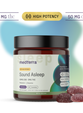 20-count jar of Medterra Sound Asleep gummies with CBD, melatonin, and natural calming ingredients for better sleep.