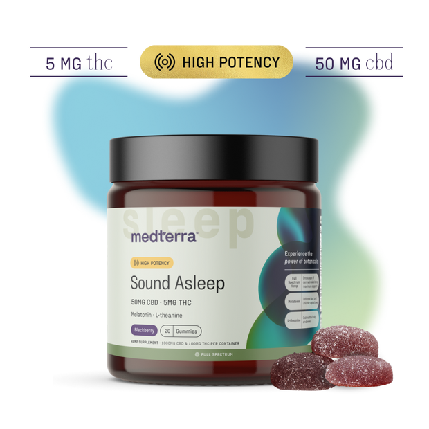 20-count jar of Medterra Sound Asleep gummies with CBD, melatonin, and natural calming ingredients for better sleep.