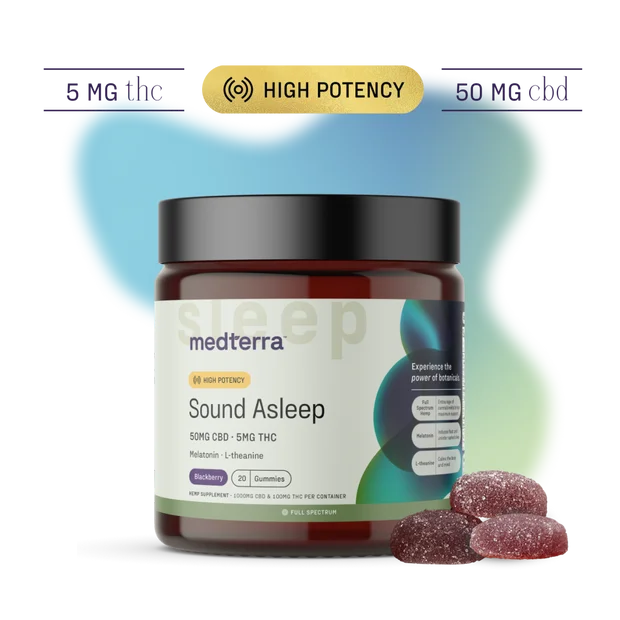 20-count jar of Medterra Sound Asleep gummies with CBD, melatonin, and natural calming ingredients for better sleep.
