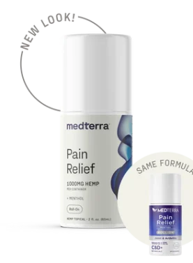 Medterra Pain Relief Roll-On tube with 1000 mg CBD, menthol, and arnica for targeted muscle and joint pain relief.