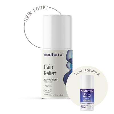Medterra Pain Relief Roll-On tube with 1000 mg CBD, menthol, and arnica for targeted muscle and joint pain relief.