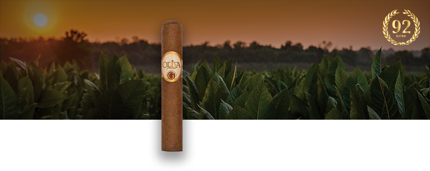 A single Oliva Serie G cigar, featuring a Cameroon wrapper, with a beautiful sunset and tobacco field in the distance