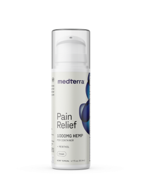 Tube of Medterra Pain Relief Cream with 1000 mg CBD, menthol, and arnica for fast, cooling pain relief.