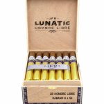 Open box of Aganorsa Leaf JFR Lunatic cigars, displaying their large ring gauges and dark, oily wrappers
