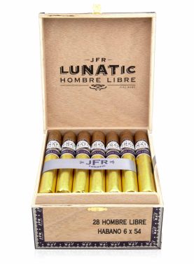 Open box of Aganorsa Leaf JFR Lunatic cigars, displaying their large ring gauges and dark, oily wrappers