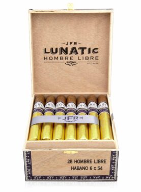 Open box of Aganorsa Leaf JFR Lunatic cigars, displaying their large ring gauges and dark, oily wrappers