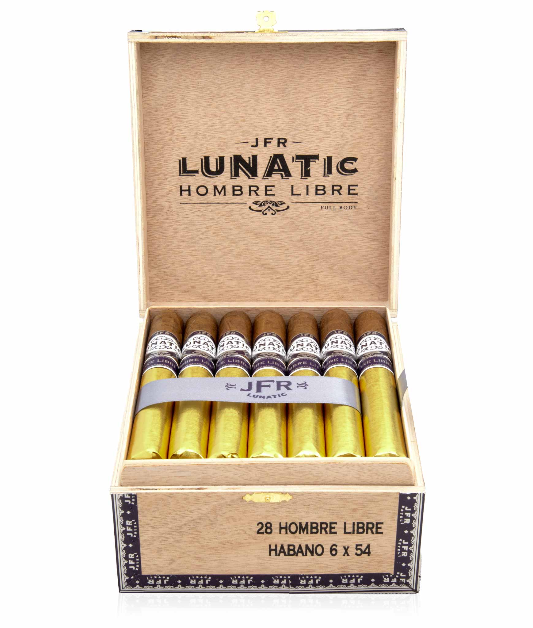 Open box of Aganorsa Leaf JFR Lunatic cigars, displaying their large ring gauges and dark, oily wrappers