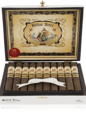 An open box of Bellas Artes Maduro cigars, featuring dark, oily Maduro wrappers and neatly arranged cigars, showcasing their rich, full-bodied flavor profile with notes of cocoa, coffee, and a hint of spice.