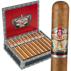 Single Alec Bradley American Classic cigar with smooth brown wrapper, placed in front of an open box filled with cigars.