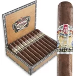 Open box filled with Alec Bradley American Sun Grown cigars, with a single cigar displayed in front.