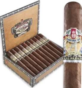 Open box filled with Alec Bradley American Sun Grown cigars, with a single cigar displayed in front.
