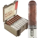 Alec Bradley Black Market cigar standing in front of an open box filled with cigars.
