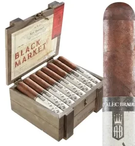 Alec Bradley Black Market cigar standing in front of an open box filled with cigars.