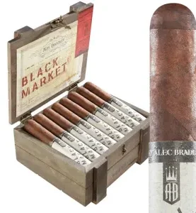 Alec Bradley Black Market cigar standing in front of an open box filled with cigars.
