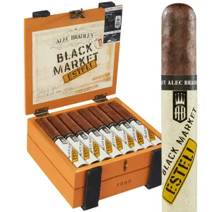 Alec Bradley Black Market Estelí cigar in front of an open box containing multiple cigars.