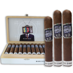 Three Alec Bradley Blind Faith cigars displayed in front of an open box filled with cigars.
