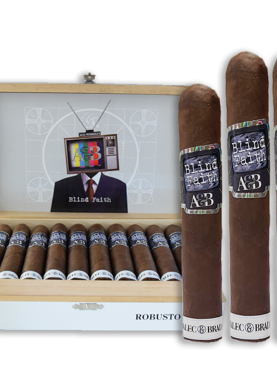 Three Alec Bradley Blind Faith cigars displayed in front of an open box filled with cigars.
