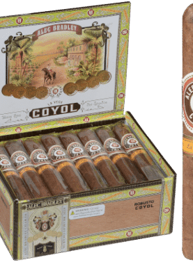 Single Alec Bradley Coyol cigar placed in front of an open box filled with cigars.