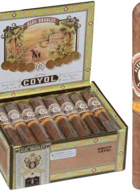 Single Alec Bradley Coyol cigar placed in front of an open box filled with cigars.