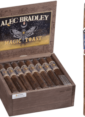 Single Alec Bradley Magic Toast cigar with light brown Connecticut Shade wrapper in front of an open box showing multiple cigars.