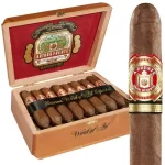 Open box of Arturo Fuente Hemingway cigars with a single perfecto-shaped cigar displayed in front.